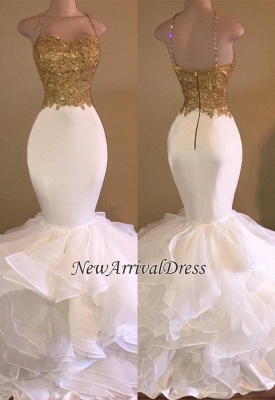 Amazing Gold White Prom Dresses 2021 Spaghettis Straps Sleeveless Mermaid Evening Gowns_2