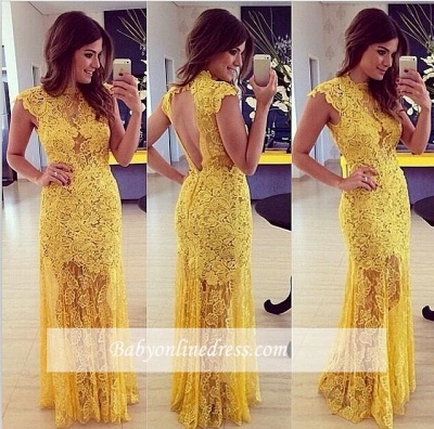 Modern Yellow A-line Long Evening Gowns Sleeveless Lace High-Neck Prom Dress_1