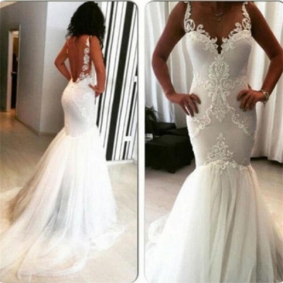 Straps Lace Appliques Backless Sexy Mermaid Wedding Dresses_3