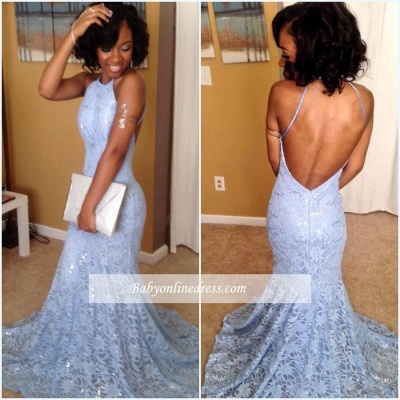 Simple Halter Mermaid Backless Lace Cheap Prom Dress_3