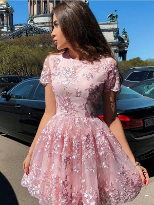 Chic Pink A-Line Homecoming Dresses | Jewel Short Sleeves Lace Cocktail Dresses_1