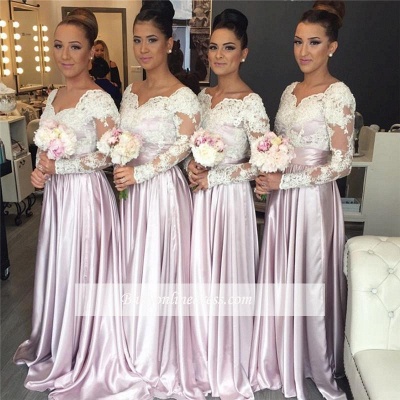 White-Lace Long-Sleeve Pink V-neck Popular Elegant Bridesmaid Dress_1