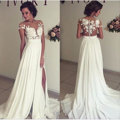 2021 Summer Chiffon Wedding Dresses Lace Top Short Sleeves Side Slit Garden Elegant Bridal Gowns_3