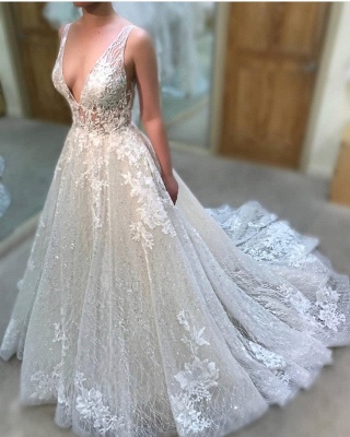 Shiny A-line Wedding Dresses | Deep V-Neck Appliques Bridal Gowns_2