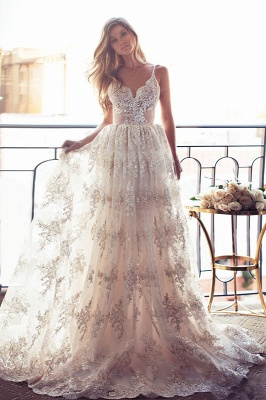 Spaghettis-Straps Backless Lace Sweetheart-Neck A-line Elegant Wedding Dresses_2