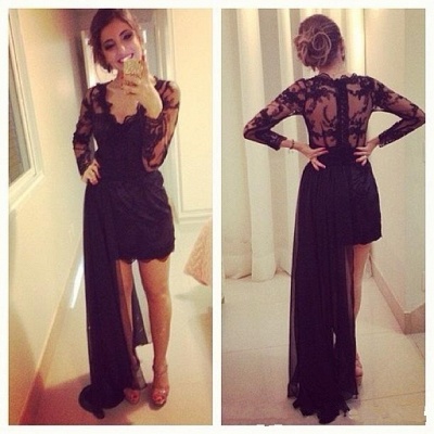 Black Lace Short Long Sleeves Prom Dresses with Detachable train Evening Gowns_2