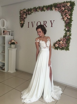 2021 Summer Chiffon Wedding Dresses Lace Top Short Sleeves Side Slit Garden Elegant Bridal Gowns_8
