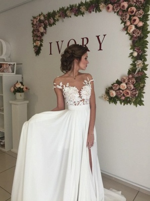 2021 Summer Chiffon Wedding Dresses Lace Top Short Sleeves Side Slit Garden Elegant Bridal Gowns_5