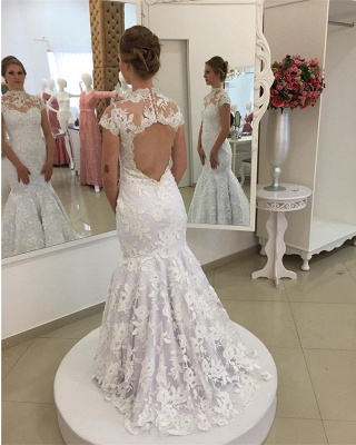 Mermaid Zipper Newest Lace Pearls High-Neck Appliques White Wedding Dress_4
