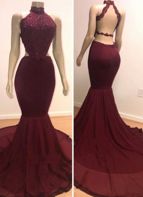 2021 Maroon Mermaid Prom Dresses | High Halter Neck Open Back Evening Gowns_1