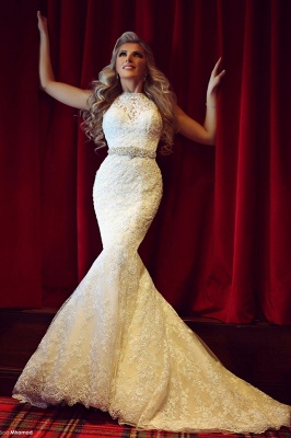 Elegant Lace Mermaid Wedding Dresses | Crystals Belt Sleeveless Bridal Gowns_1