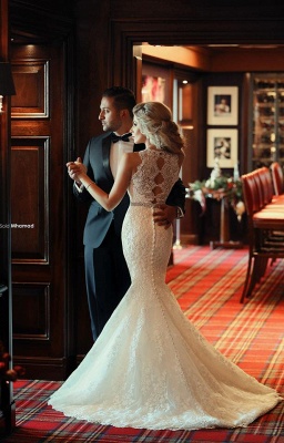 Elegant Lace Mermaid Wedding Dresses | Crystals Belt Sleeveless Bridal Gowns_4