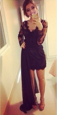 Black Lace Short Long Sleeves Prom Dresses with Detachable train Evening Gowns_1