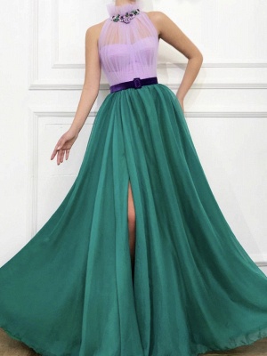 Elegant Marquise A-Line Prom Dresses | High Neck Beading Front Slit Evening Dress_1