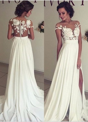 2021 Summer Chiffon Wedding Dresses Lace Top Short Sleeves Side Slit Garden Elegant Bridal Gowns_1