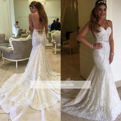 Elegant Backless Spaghetti Straps Mermaid Lace Wedding Dresses_1