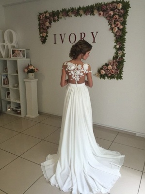 2021 Summer Chiffon Wedding Dresses Lace Top Short Sleeves Side Slit Garden Elegant Bridal Gowns_6