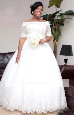 Modest Half-Sleeve Ball-Gown White Lace Wedding Dress_6