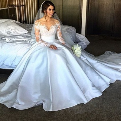 Elegant Satin A-Line Wedding Dresses Long Sleeves Appliques Bridal Gowns_3