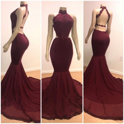 2021 Maroon Mermaid Prom Dresses | High Halter Neck Open Back Evening Gowns_2