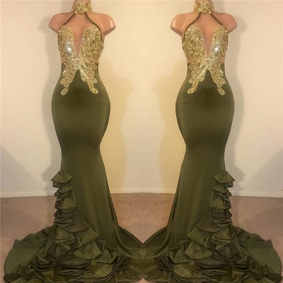 Elegant Clover Mermaid Prom Dresses | High Neck Ruffles Train Evening Gowns DD0207_2