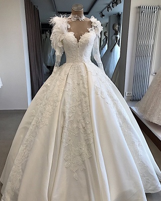 Flowers Feather High-Neck Brilliant Appliques Long-Sleeves Wedding Dresses_5
