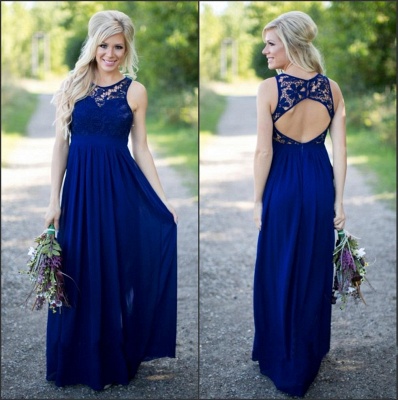 Midnight Blue Bridesmaid Dresses Lace Top Chiffon Open Back A-line Maid of the Honor Dresses_3