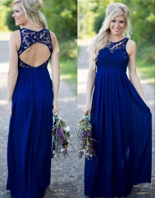 Midnight Blue Bridesmaid Dresses Lace Top Chiffon Open Back A-line Maid of the Honor Dresses_1