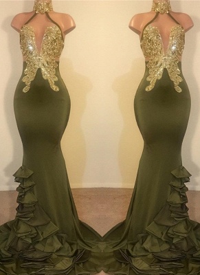 Elegant Clover Mermaid Prom Dresses | High Neck Ruffles Train Evening Gowns DD0207_1