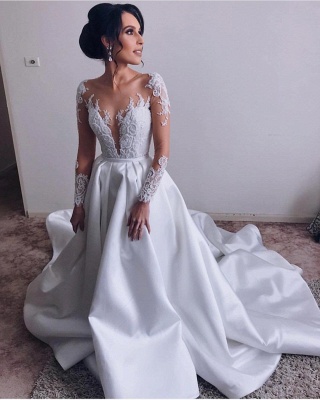 Long Sleeves A-line Wedding Dress | Exquisite Sheer Neck Long Lace Bridal Gowns_2
