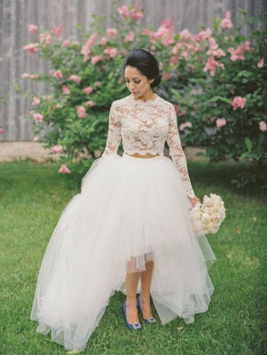 2021 Two-Piece Wedding Dresses Hi-Lo Lace Long Sleeves Tulle Elegant Bridal Gowns_4