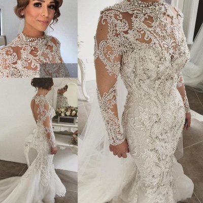 Luxury Crystals Mermaid Wedding Dresses | Long Sleeves Sheer Appliques Bridal Gowns_5