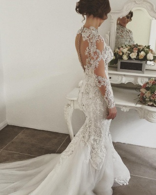Luxury Crystals Mermaid Wedding Dresses | Long Sleeves Sheer Appliques Bridal Gowns_4