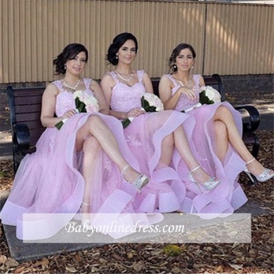 Elegant Appliques A-Line Straps Tulle Lace Bridesmaid Dresses_1