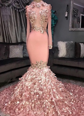 Gorgeous Crew Long Sleeves Prom Dresses | Long Mermaid Appliques Evening Gowns BC1046_1