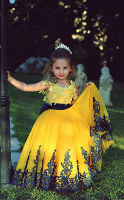 Lovely Yellow and Black Appliques Flower Girl Dress With Waistband Floor Length_1