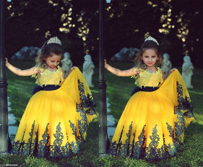Lovely Yellow and Black Appliques Flower Girl Dress With Waistband Floor Length_2