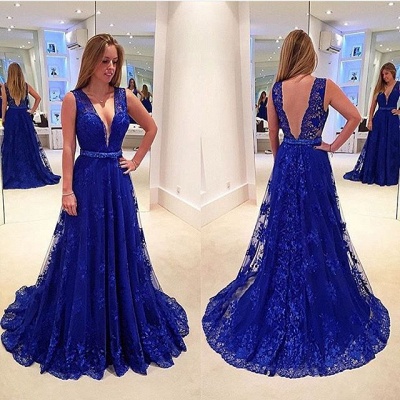 Hot Royal Blue Lace Evening Dress 2021 V-Neck Sleeveless_3