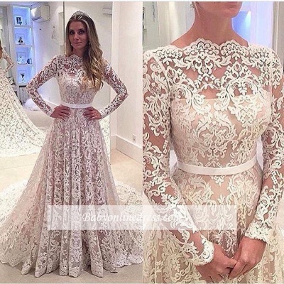 Bowknot Long-Sleeves A-Line Backless Lace Elegant Wedding Dresses_1
