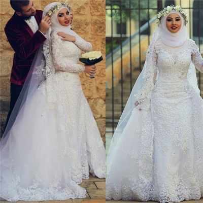 2021 Lace Long Sleeves Arabic Wedding Dresses Muslim High Neck with Overskirt Elegant A-line Bridal Gowns_6