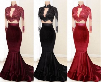 Modest High-Neck Mermaid Prom Dress 2021 Lace-Appliques Long-Sleeve Evening Gowns BA4641_4