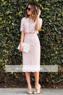 2021 Cute Two Piece Lace Short Sleeves Fashion Pink Homecoming Dresses_1