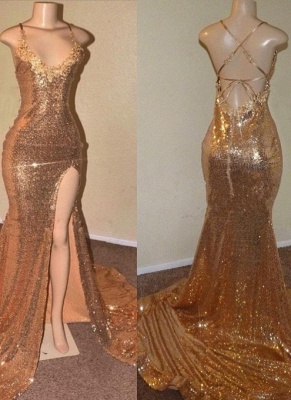 Sexy Gold Sequin Prom Dresses | Spaghetti Straps Open Back Slit Evening Gowns_3