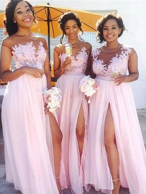 Exquisite Pink Chiffon A-Line Bridesmaid Dresses | Capped Sleeves Side Slit Maid Of The Honor Dresses_2