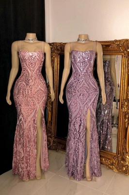 Sexy Pink Spaghetti Strap Sequines Mermaid Front Slit Floor-length Prom Dresses_1