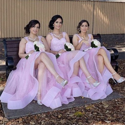 Elegant Appliques A-Line Straps Tulle Lace Bridesmaid Dresses_3