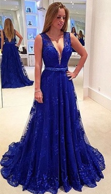 Hot Royal Blue Lace Evening Dress 2021 V-Neck Sleeveless_1