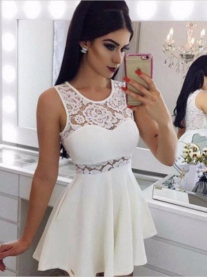 Chic White A-Line Homecoming Dresses | Jewel Sleeveless Lace Short Cocktail Dresses_1