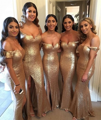 Sexy Gold Sequins Bridesmaid Dresses | Off the Shoulder Slit Maid of the Honor Dresses_2