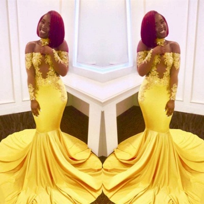 Shiny Yellow Mermaid Prom Dresses | Off-the-Shoulder Evening Gowns with Choker_3
